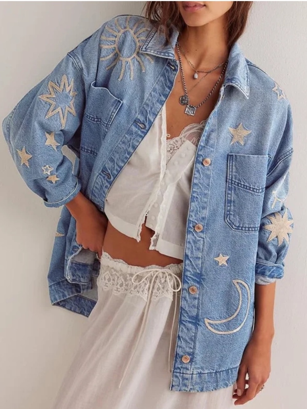 Star Moon denim Shacket Blue Jacket with Star & Moon Embroidery